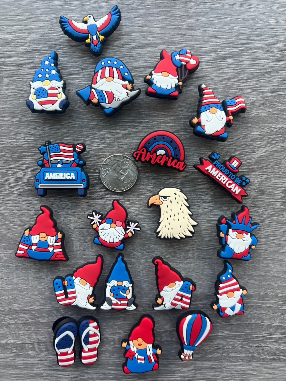 Patriotic Gnome and Eagle Charm Set - Red, White & Blue